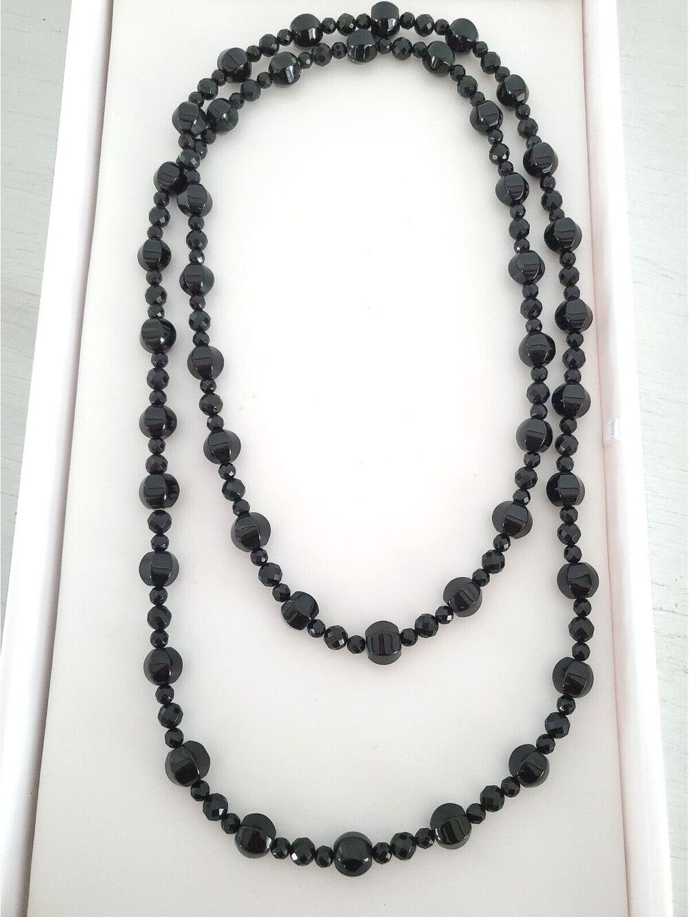 Vintage Long Black Faceted Glass Geometric Bead Necklace